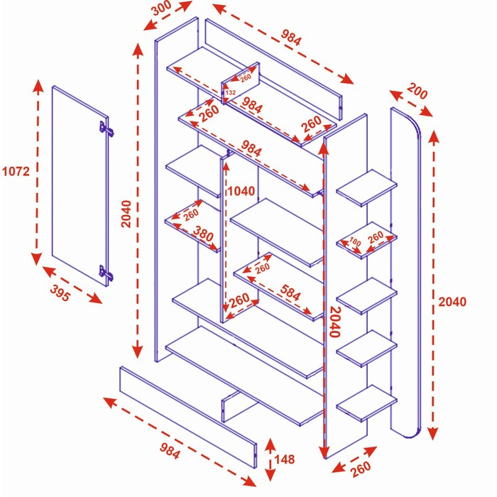 Стеллаж-перегородка с полками Студия, 1200х300х2040, Шимо темный/Шимо светлый