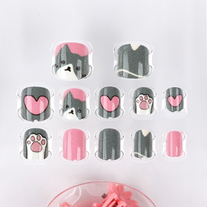 Детские накладные ногти &laquo;Сладкий котик&raquo;, 12 шт, набор с браслетом и заколками