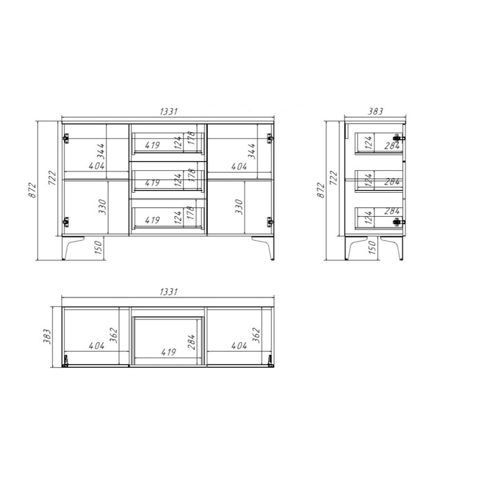 Комод Валенсия 13.309, 1332х384х875, Белый шагрень МДФ Комод Валенсия 13.309, 1332х384х875, Белый шагрень МДФ