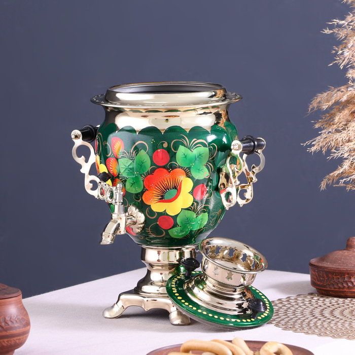 Набор &laquo;Маки на зелёном&raquo;, жёлудь, 3 предмета, самовар 3 л, заварочный чайник 0,7 л, поднос