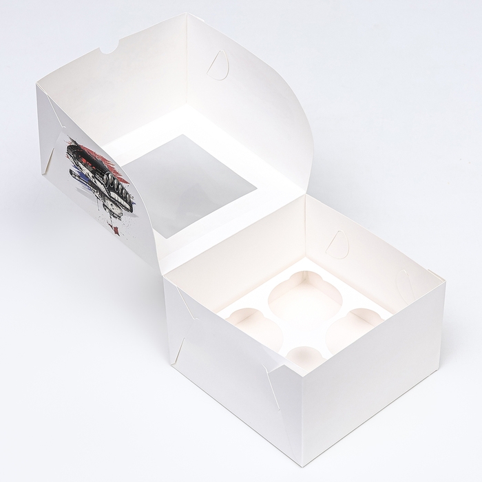 Коробка для 4 капкейков с окном , "С 23 февраля", 16 х 16 х 10 см