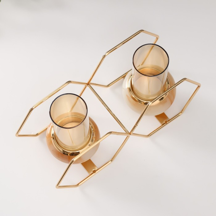 Подсвечник металл, стекло на 2 свечи "Шестигранники" белый с золотом 15,5х26,5х10,5 см