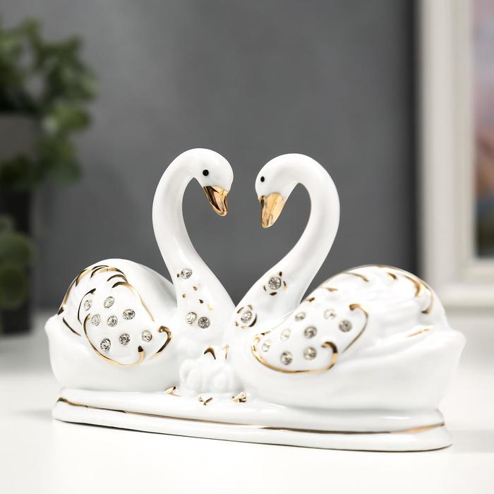 Сувенир керамика "Два белых лебедя в пруду" с золотом, стразы 14 см