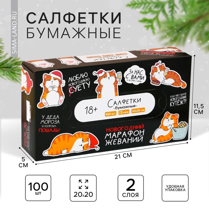 Салфетки бумажные в коробке &laquo;Новый год! Котяра&raquo;, 100 шт, двухслойные