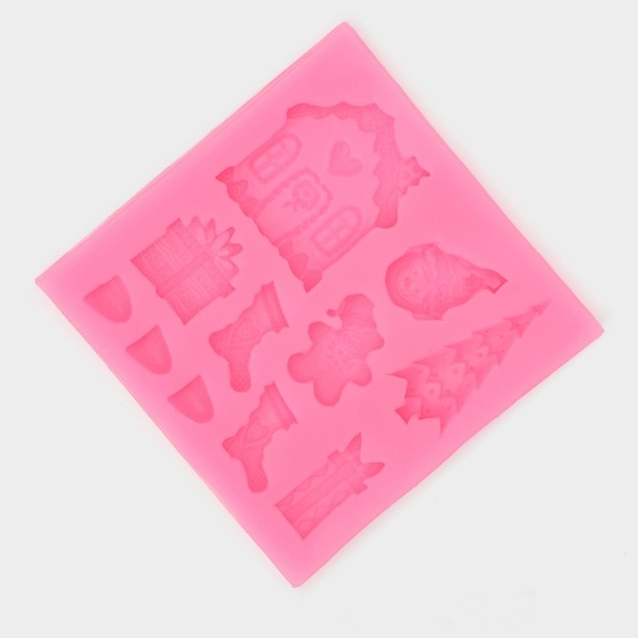 Молд новогодний &laquo;Новогодние элементы&raquo;, силикон, 7,5&times;7,5 см, цвет розовый