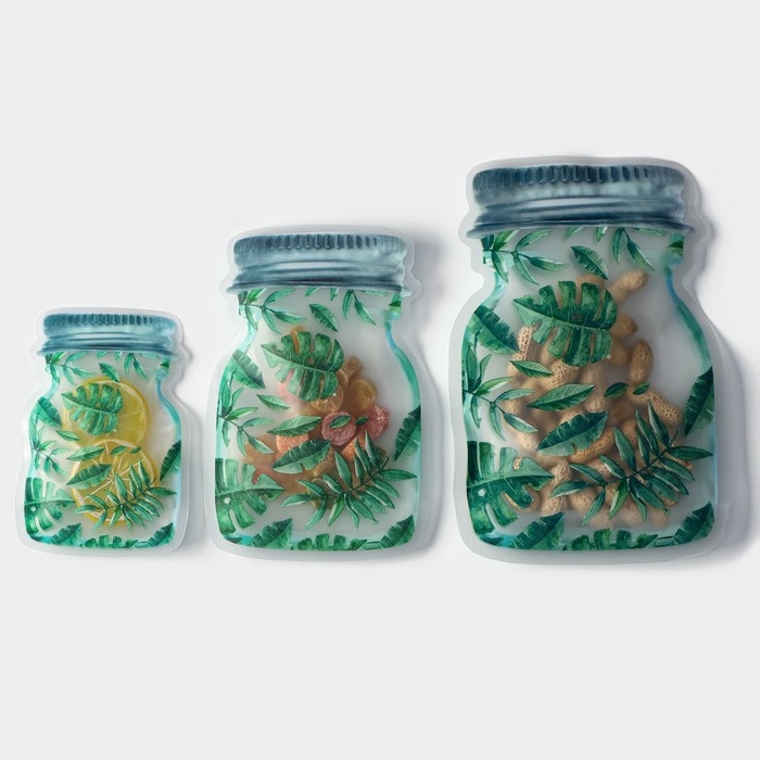 Набор пакетов для хранения сыпучих продуктов Доляна &laquo;Листья&raquo;, застёжка zip-lock, 3 шт, 15&times;10 см, 20&times;13 см, 24,5&times;16,5 см, цвет зелёный