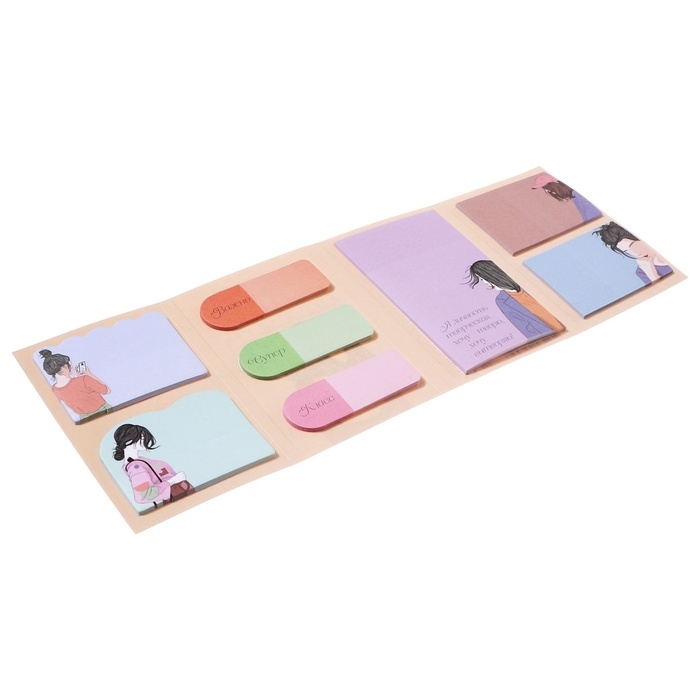 Набор клейкой бумаги для заметок deVENTE. 65x100 мм, набор заметок: 20x56 мм, 40x56 мм и 56x90 мм, 8x20 листов, офсет 80 г/м&sup2;, печать 4+0, ассорти форм, 8 дизайнов, в картонном блистере и пластиковом пакете с европодвесом