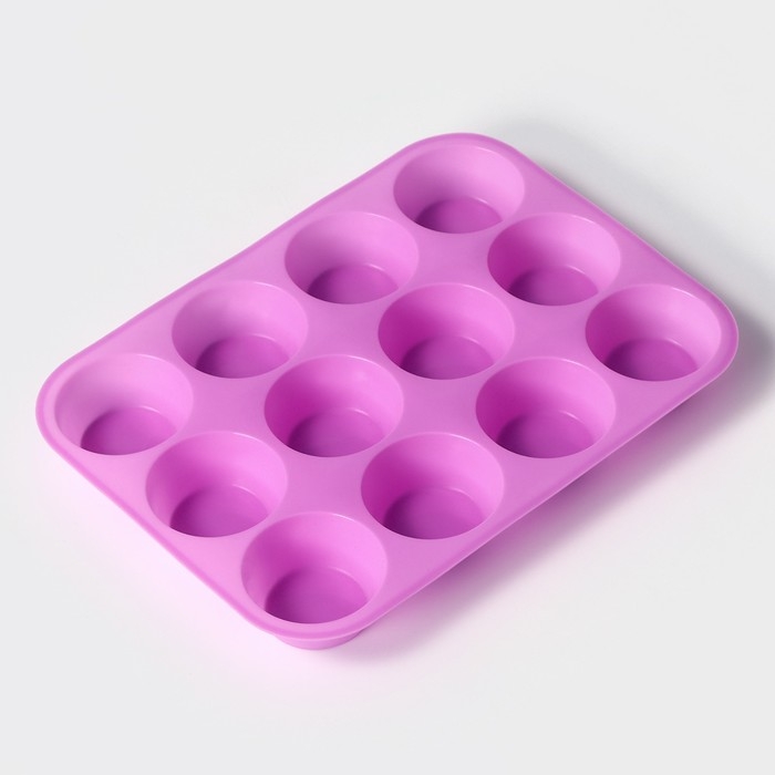 Форма для выпечки Доляна «Круг», силикон, 29×22×3 см, 12 ячеек, d=6,5 см, цвет сиреневый Форма для выпечки Доляна «Круг», силикон, 29×22×3 см, 12 ячеек, d=6,5 см, цвет сиреневый