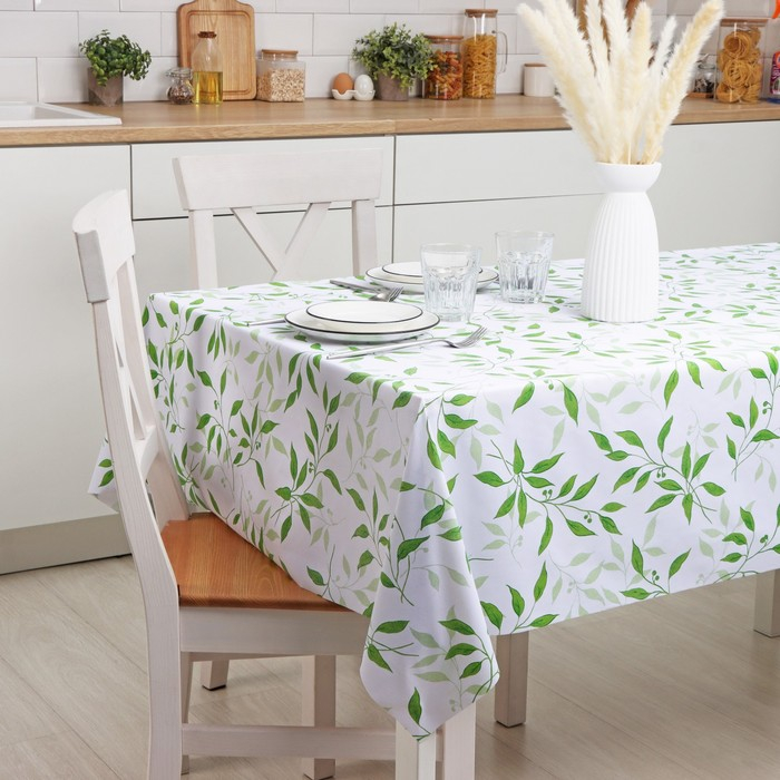 Клеёнка на стол Доляна &laquo;Листья&raquo;, на тканевой основе, ширина 137 см, рулон 20 м, толщина 0,22 мм, цвет белый