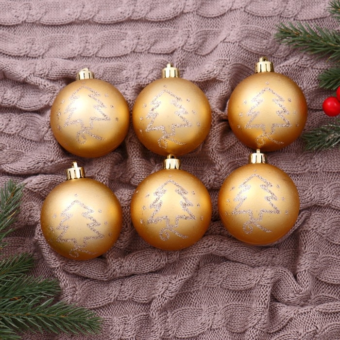 Набор шаров пластик d-6 см, 6 шт "Лиа ёлочки" золото