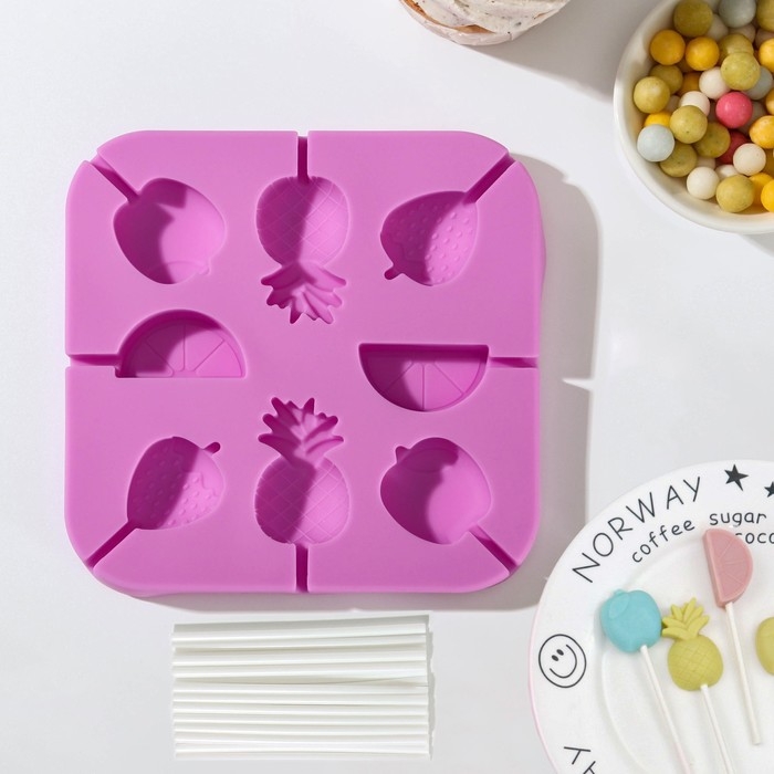 Форма для леденцов Доляна &laquo;Тропики&raquo;, силикон, 13,5&times;13,5&times;1,2 см, 8 ячеек, с палочками, цвет МИКС