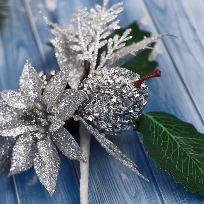 Декор "Зимние грезы" серебряные цветок и листья, 16 см