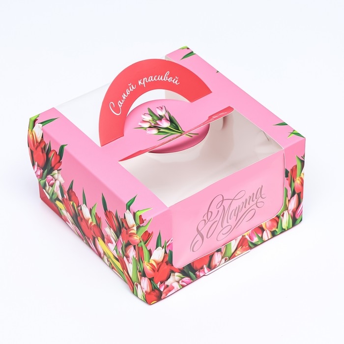 Коробка под бенто-торт с окном Коробка под бенто-торт с окном "От всего сердца тюльпаны", 14 х 14 х 8 см