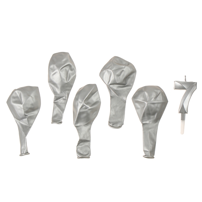 Свечи для торта + 5 шаров, цифра 7, серебро Свечи для торта + 5 шаров, цифра 7, серебро