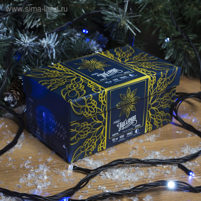 Гирлянда &laquo;Нить&raquo; 10 м, IP44, УМС, тёмная нить, 100 LED, свечение бело-синее, мигание, 220 В