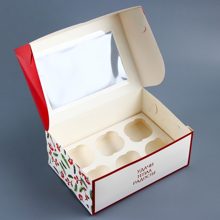 Новый год. Коробка для 6 капкейков с окном подарочная новогодняя упаковк Новый год. Коробка для 6 капкейков с окном подарочная новогодняя упаковк "Верь в чудеса", 25 х 17 х 10 см.