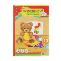 Картон цветной А4, 10 листов, 10 цветов, волшебный (золото+серебро) мелованный 220 г/м2, "Мягкие игрушки", в папке