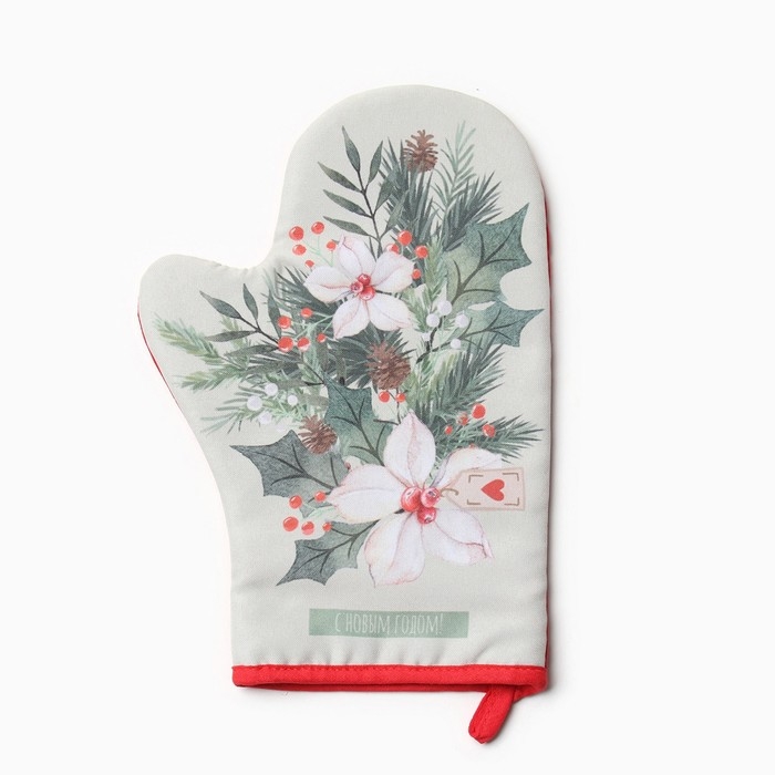 Новый год.Варежка-прихватка Доляна "Снегирь" 20х28 см, 35% хл, 65% пэ, ватин 250 г/м2