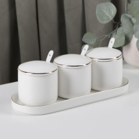 Банки для хранения сыпучих продуктов с ложками на подставке &laquo;Пастель&raquo;, 3 предмета: 250 мл, 8&times;8 см, керамические, цвет белый