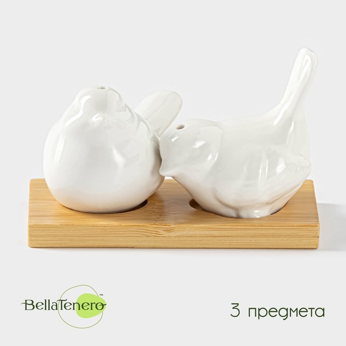 Набор фарфоровый для специй на бамбуковой подставке BellaTenero &laquo;Воробушки&raquo;, 2 предмета: солонка 75 мл, перечница 75 мл, цвет белый