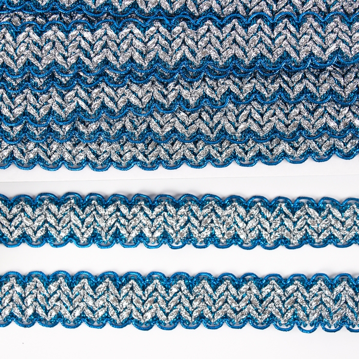 Тесьма волной, голубая с серебром, в рулоне 10 м