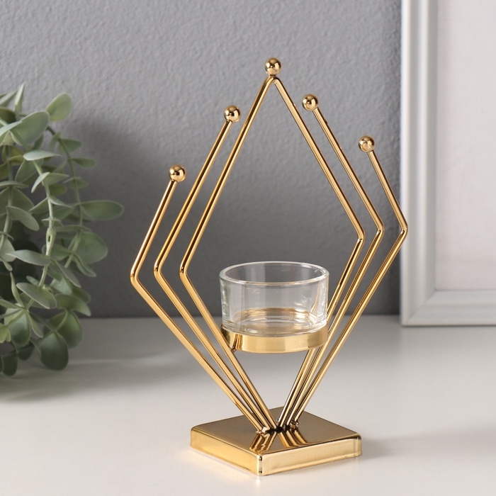 Подсвечник металл, стекло на 1 свечу "Золотой ромб" d=4,5 см 6х16х19 см