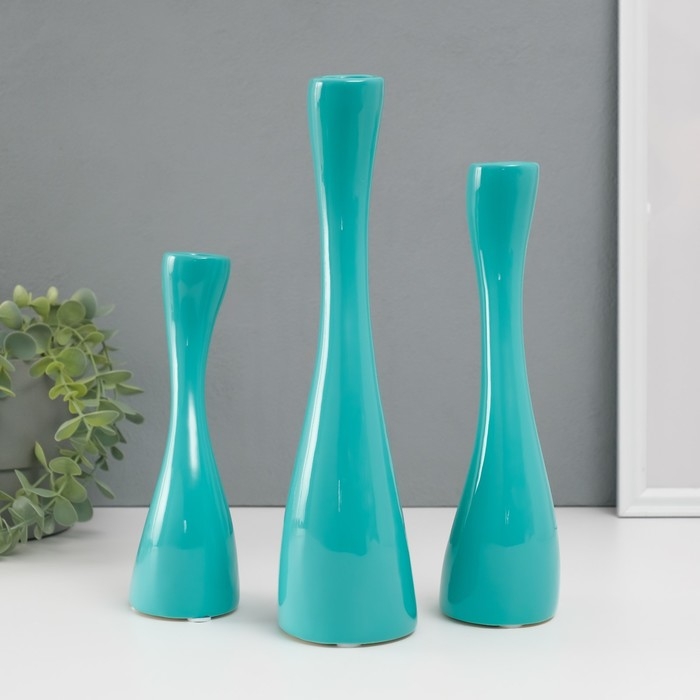 Подсвечник керамика на 1 свечу  "Волна" d=2,5 см, бирюза, набор 3 шт h=20, 25 и 30 см