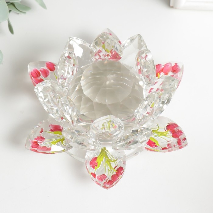 Сувенир стекло "Лотос прозрачный, на лепестках тюльпаны" 7х13,5х13,5 см