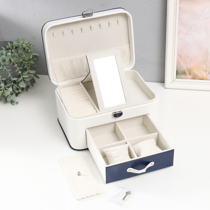 Шкатулка кожзам для украшений "Шейла" белая с синим 25,5х18,5х14 см