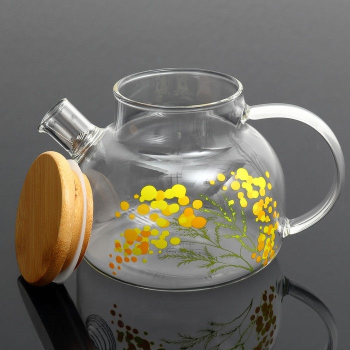 Чайник стеклянный заварочный с бамбуковой крышкой &laquo;Нежная мимоза&raquo;, 600 мл