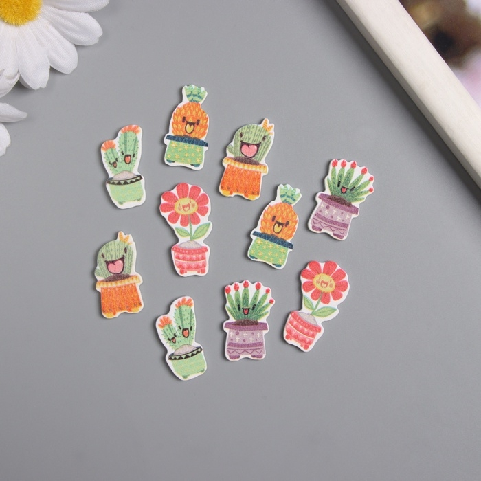 Декор для творчества дерево Декор для творчества дерево "Весёлые растения в горшочках" набор 10 шт 2,7х1,5 см