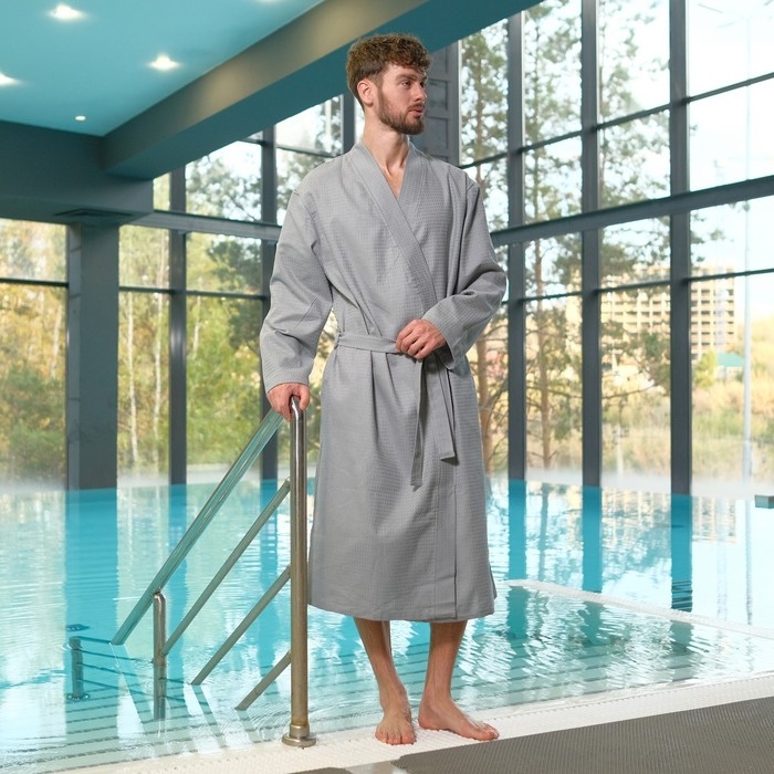 Халат вафельный мужской удлин Экономь и Я размер 58-60, цвет серый, 100% хлопок, 200г/м2