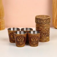 Набор стопок &laquo;Герб России&raquo;, 4 шт, в тубусе, 4,5&times;4,5&times;9 см, береста