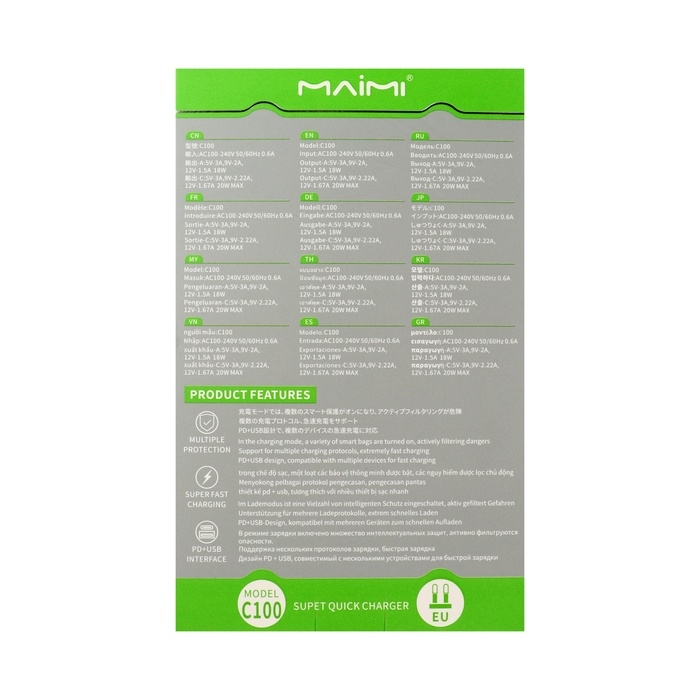 Сетевое зарядное устройство Maimi C100, USB, 3 А, Type-C, 3 А, 20 Вт, PD, полупрозрачное
