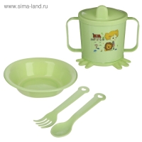 Набор детской посуды, 4 предмета: миска, ложка, вилка, поильник с твёрдым носиком 200 мл, цвета МИКС Набор детской посуды, 4 предмета: миска, ложка, вилка, поильник с твёрдым носиком 200 мл, цвета МИКС