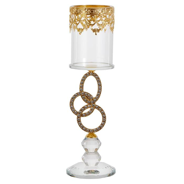 Подсвечник стекло на 1 свечу "Сплетение колец и восточный узор" золото, стразы 27х6,8х6,8 см   55153