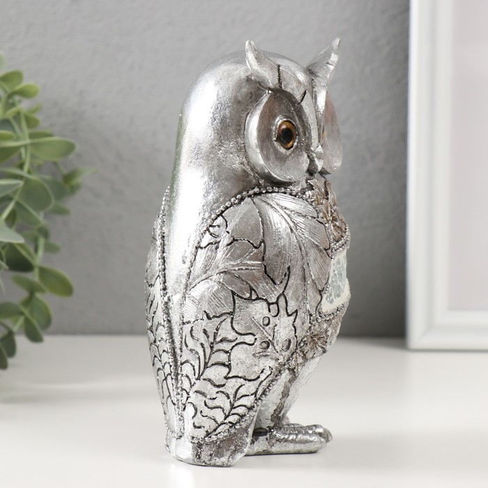 Сувенир полистоун "Серебряный филин с цветами" 7,5х7,5х16 см