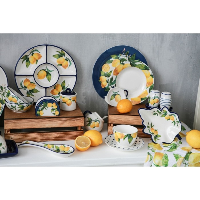 Сервиз фарфоровый чайный Доляна &laquo;Лимон&raquo;, 12 предметов: 6 чашек 250 мл, 6 блюдец d=15,5 см, цвет белый