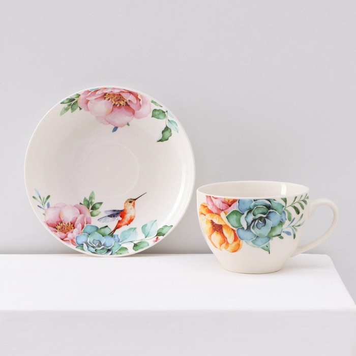 Сервиз фарфоровый чайный Доляна &laquo;Пташка&raquo;, 12 предметов: 6 чашек 250 мл, 6 блюдец d=15 см