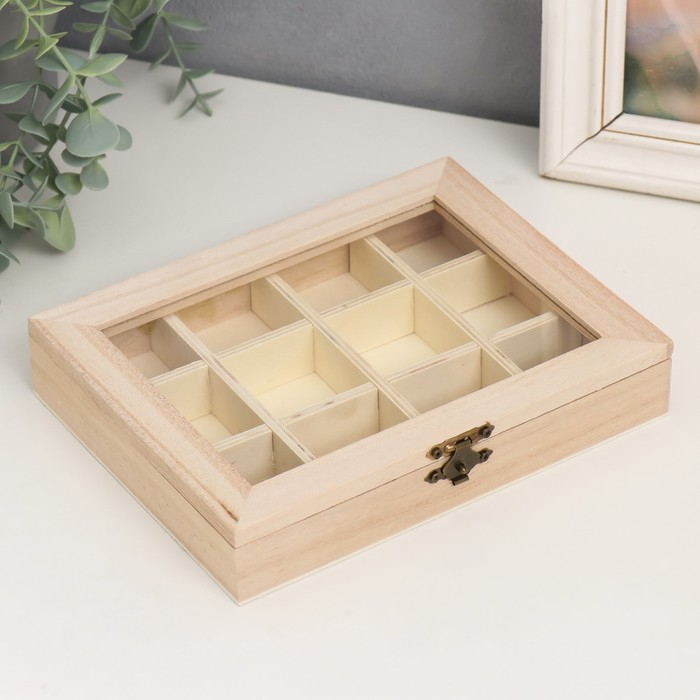 Шкатулка дер. под роспись Шкатулка дер. под роспись "Прямоугольная со стеклянной вставкой" 12 отделений 3,5х19х15 см