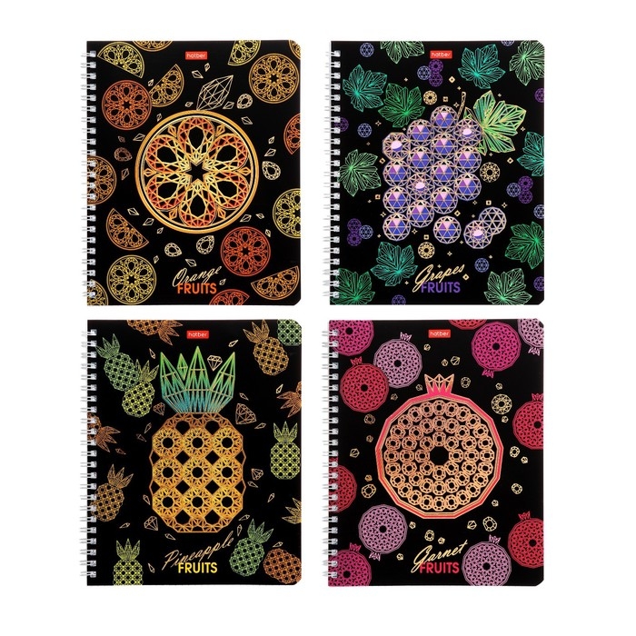 Тетрадь 96 листов в клетку на гребне Тетрадь 96 листов в клетку на гребне "Драгоценные фрукты", обложка мелованный картон, матовая ламинация, 3D фольга, блок 65, 4В, МИКС
