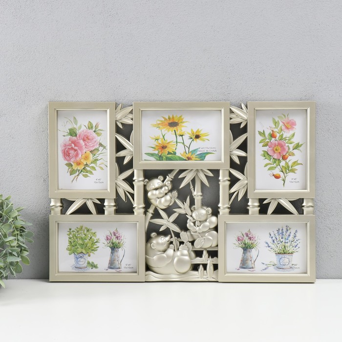 Фоторамка пластик на 5 фото 10х15 см Фоторамка пластик на 5 фото 10х15 см "Панды на бамбуке" бледное золото 32х47 см