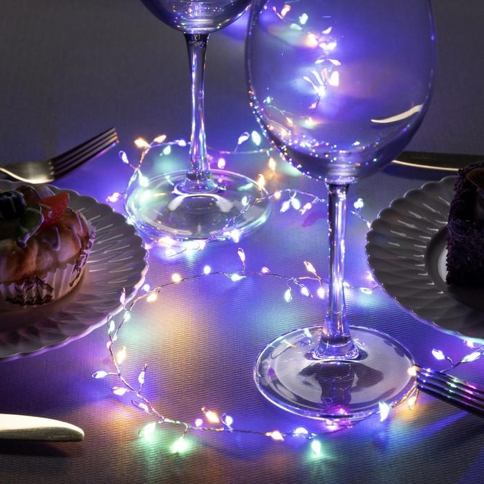 Гирлянда &laquo;Мишура&raquo; 1 м роса, IP20, серебристая нить, 100 LED, 2 режима, батарейки AAх3 (нет в комплекте), свечение мульти