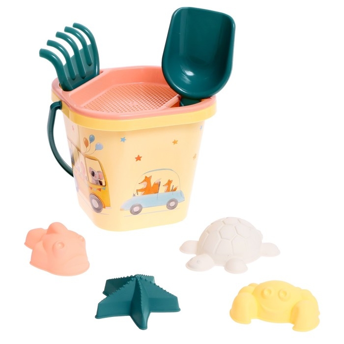 Набор для игры в песке: ведерко, сито, совочек, грабли, 4 формочки Набор для игры в песке: ведерко, сито, совочек, грабли, 4 формочки