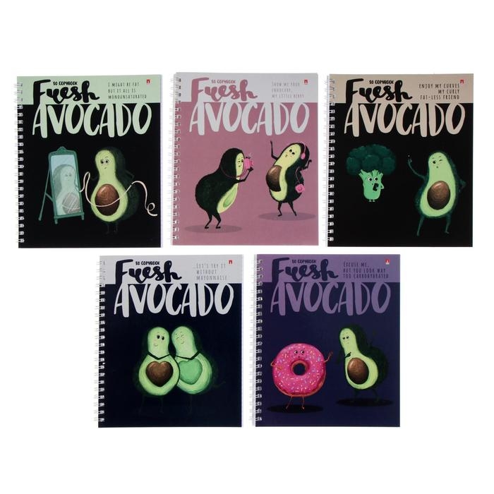 Тетрадь А5+, 80 листов в клетку на гребне Тетрадь А5+, 80 листов в клетку на гребне "Авокадо", обложка мелованный картон, глянцевая ламинация, блок офсет, МИКС