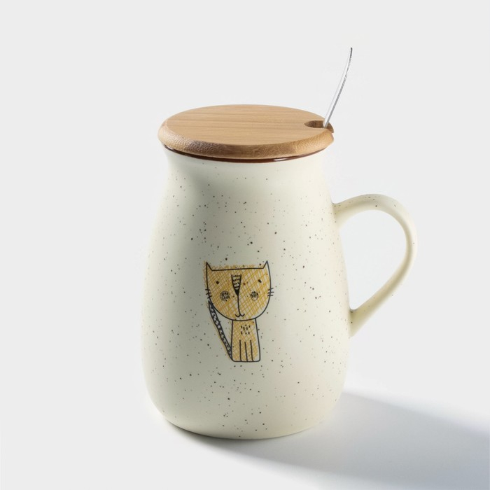 Кружка керамическая с деревянной крышкой и ложкой &laquo;Пэтти&raquo;, 350 мл, рисунок МИКС