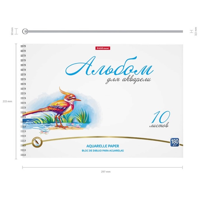Альбом для акварели А4, 10 листов на спирали, Erich Krause Birds, блок 180 г/м², экстра белая, перфорация для отрыва, твердая подложка Альбом для акварели А4, 10 листов на спирали, Erich Krause Birds, блок 180 г/м², экстра белая, перфорация для отрыва, твердая подложка