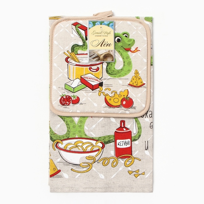 Кухонный набор "Рецепты Змей" (полот. 39х60 + прихв. 18х18см) 160г/м, лен50%, хл50%