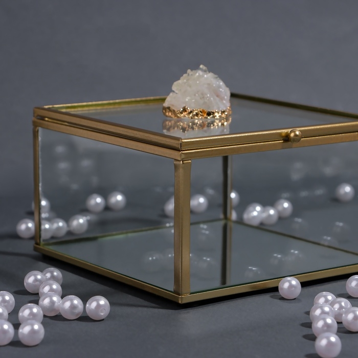 Органайзер для хранения &laquo;MOUNTAINS&raquo;, с крышкой, стеклянный, с зеркальным дном, 1 секция, 12 &times; 12 &times; 7 см, цвет прозрачный/медный