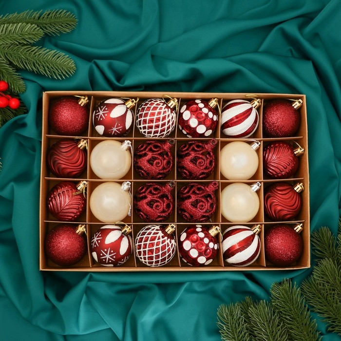 Набор шаров пластик d-6 см, 24 шт Набор шаров пластик d-6 см, 24 шт "Мелодия" ассорти люкс, бело-бордовый